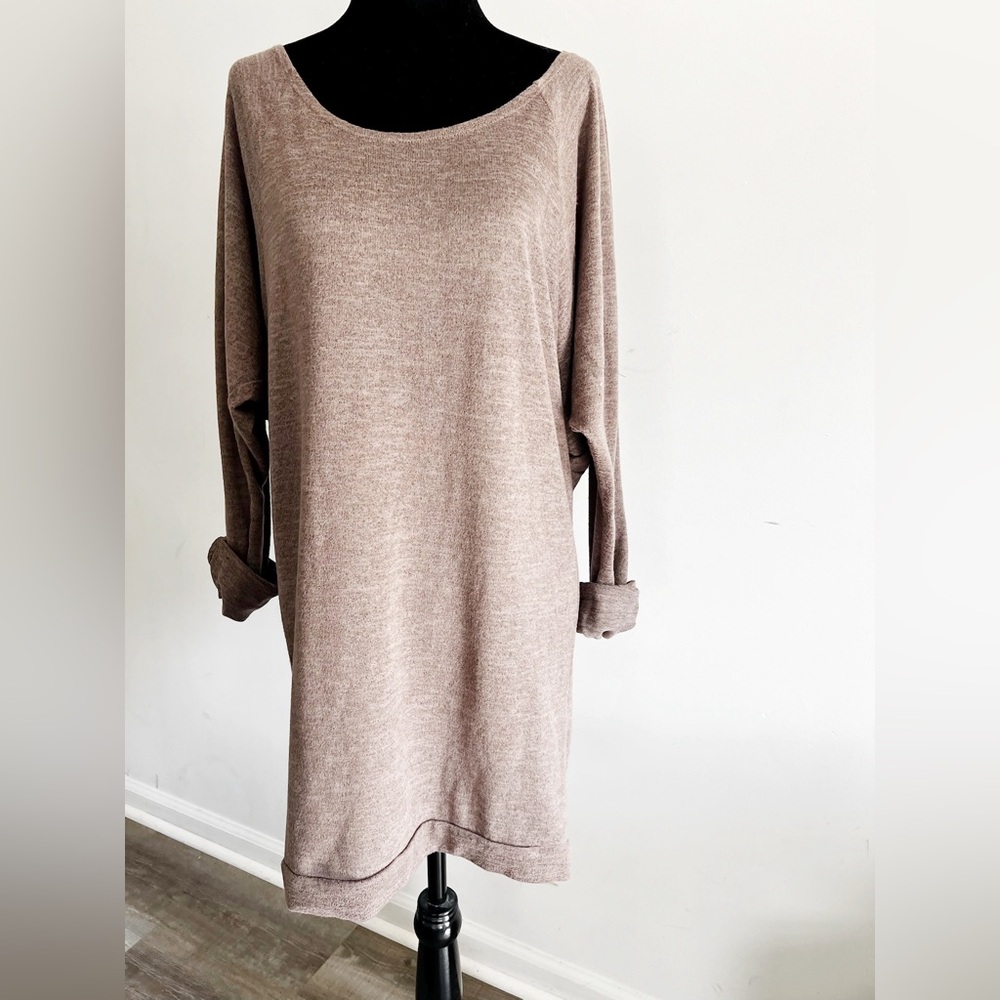 C&C California Mini Round Neck Lightweight Sweater Tunic Dress in Brown
